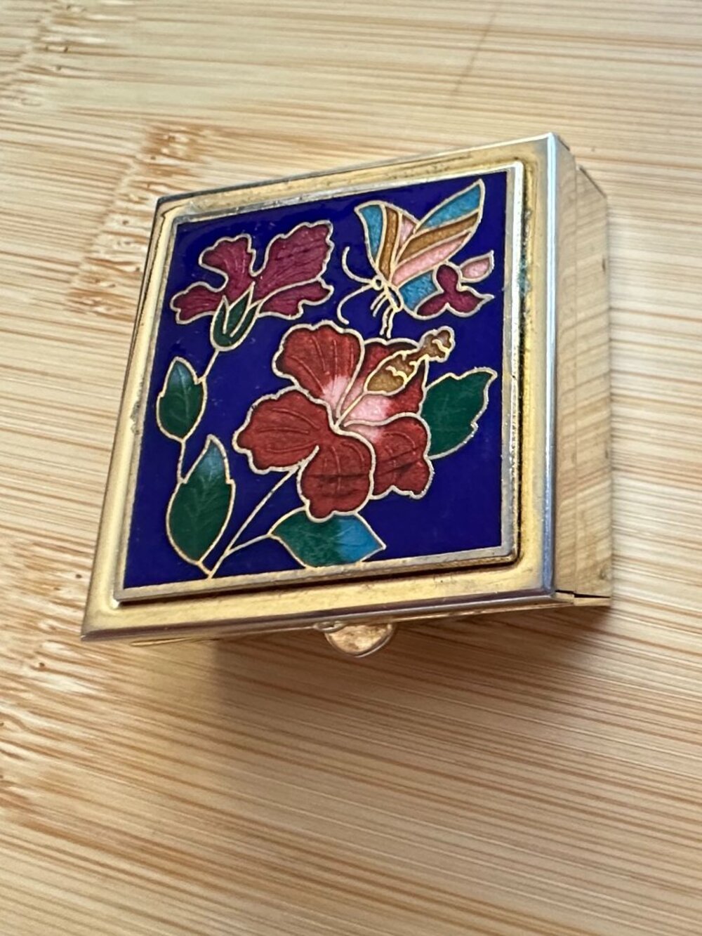 Cloisonné Butterfly Flowers Pill Box Trinket Case Enamel